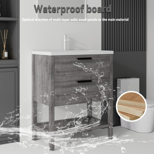 English Elm 30 Inch Freestanding Bathroom Vanity Plywood Cabinet with Ceramic Integrated Sink Grey B2775S00020