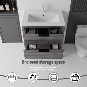 English Elm 30 Inch Freestanding Bathroom Vanity Plywood Cabinet with Ceramic Integrated Sink Grey B2775S00020