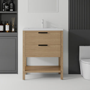 English Elm 30 Inch Freestanding Bathroom Vanity Plywood Cabinet with Ceramic Integrated Sink Oak B2775S00021