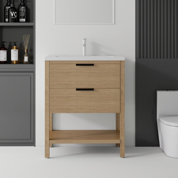 English Elm 30 Inch Freestanding Bathroom Vanity Plywood Cabinet with Ceramic Integrated Sink Oak B2775S00021