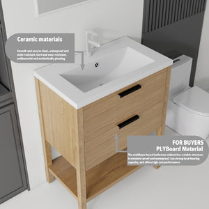 English Elm 30 Inch Freestanding Bathroom Vanity Plywood Cabinet with Ceramic Integrated Sink Oak B2775S00021