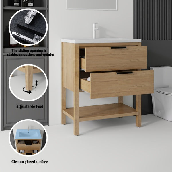 English Elm 30 Inch Freestanding Bathroom Vanity Plywood Cabinet with Ceramic Integrated Sink Oak B2775S00021