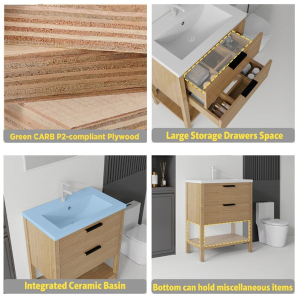 English Elm 30 Inch Freestanding Bathroom Vanity Plywood Cabinet with Ceramic Integrated Sink Oak B2775S00021