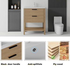 English Elm 30 Inch Freestanding Bathroom Vanity Plywood Cabinet with Ceramic Integrated Sink Oak B2775S00021