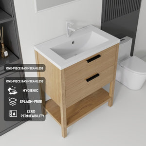 English Elm 30 Inch Freestanding Bathroom Vanity Plywood Cabinet with Ceramic Integrated Sink Oak B2775S00021