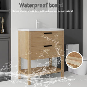 English Elm 30 Inch Freestanding Bathroom Vanity Plywood Cabinet with Ceramic Integrated Sink Oak B2775S00021