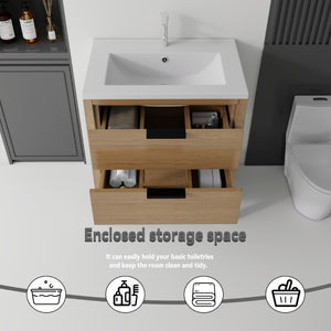 English Elm 30 Inch Freestanding Bathroom Vanity Plywood Cabinet with Ceramic Integrated Sink Oak B2775S00021