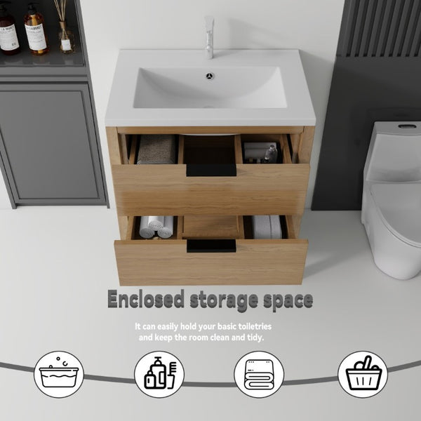 English Elm 30 Inch Freestanding Bathroom Vanity Plywood Cabinet with Ceramic Integrated Sink Oak B2775S00021