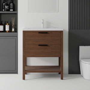 English Elm 30 Inch Freestanding Bathroom Vanity Plywood Cabinet with Ceramic Integrated Sink Brown B2775S00022