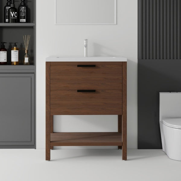 English Elm 30 Inch Freestanding Bathroom Vanity Plywood Cabinet with Ceramic Integrated Sink Brown B2775S00022