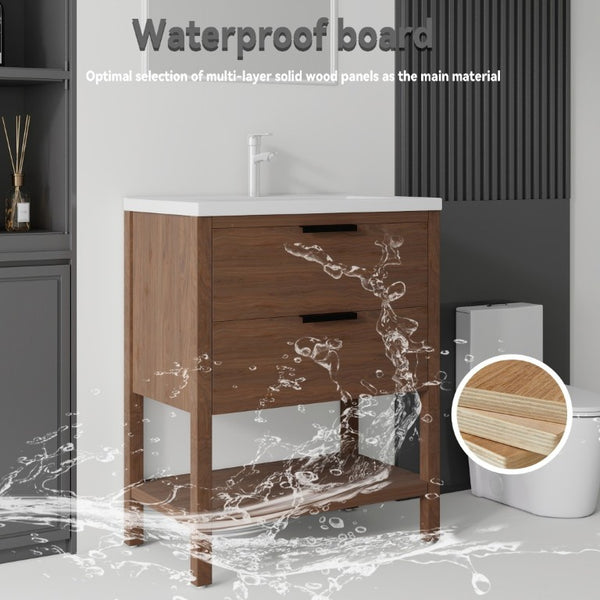 English Elm 30 Inch Freestanding Bathroom Vanity Plywood Cabinet with Ceramic Integrated Sink Brown B2775S00022