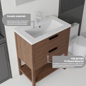 English Elm 30 Inch Freestanding Bathroom Vanity Plywood Cabinet with Ceramic Integrated Sink Brown B2775S00022