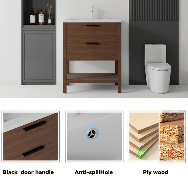 English Elm 30 Inch Freestanding Bathroom Vanity Plywood Cabinet with Ceramic Integrated Sink Brown B2775S00022