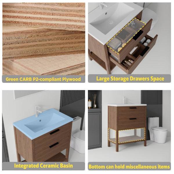 English Elm 30 Inch Freestanding Bathroom Vanity Plywood Cabinet with Ceramic Integrated Sink Brown B2775S00022