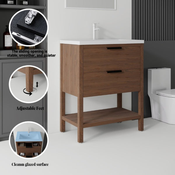 English Elm 30 Inch Freestanding Bathroom Vanity Plywood Cabinet with Ceramic Integrated Sink Brown B2775S00022