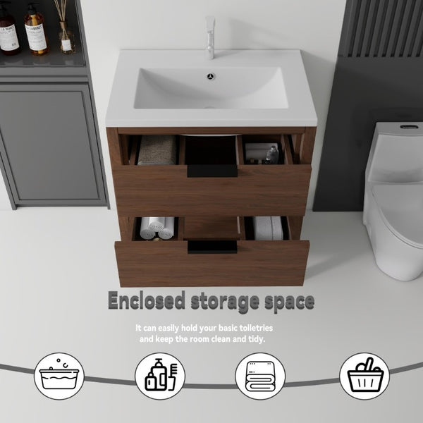 English Elm 30 Inch Freestanding Bathroom Vanity Plywood Cabinet with Ceramic Integrated Sink Brown B2775S00022
