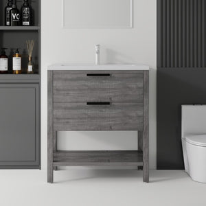 English Elm 36 Inch Freestanding Bathroom Vanity with Ceramic Sink Plywood Cabinet Soft Close Door Grey B2775S00023