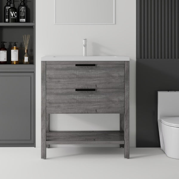 English Elm 36 Inch Freestanding Bathroom Vanity with Ceramic Sink Plywood Cabinet Soft Close Door Grey B2775S00023