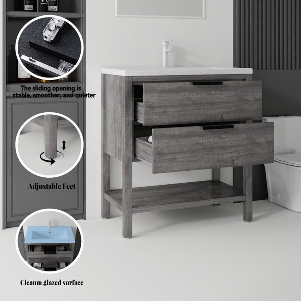 English Elm 36 Inch Freestanding Bathroom Vanity with Ceramic Sink Plywood Cabinet Soft Close Door Grey B2775S00023