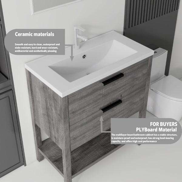 English Elm 36 Inch Freestanding Bathroom Vanity with Ceramic Sink Plywood Cabinet Soft Close Door Grey B2775S00023
