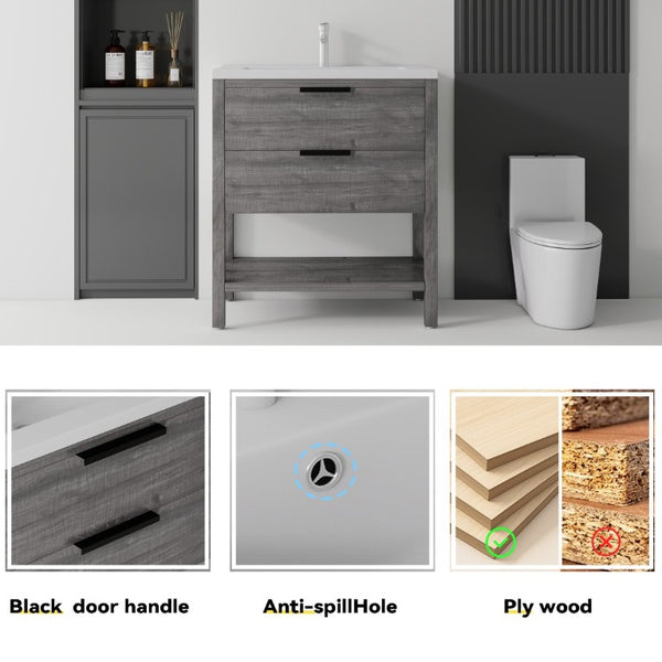 English Elm 36 Inch Freestanding Bathroom Vanity with Ceramic Sink Plywood Cabinet Soft Close Door Grey B2775S00023