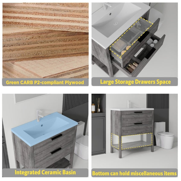 English Elm 36 Inch Freestanding Bathroom Vanity with Ceramic Sink Plywood Cabinet Soft Close Door Grey B2775S00023
