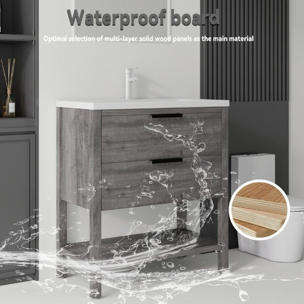 English Elm 36 Inch Freestanding Bathroom Vanity with Ceramic Sink Plywood Cabinet Soft Close Door Grey B2775S00023