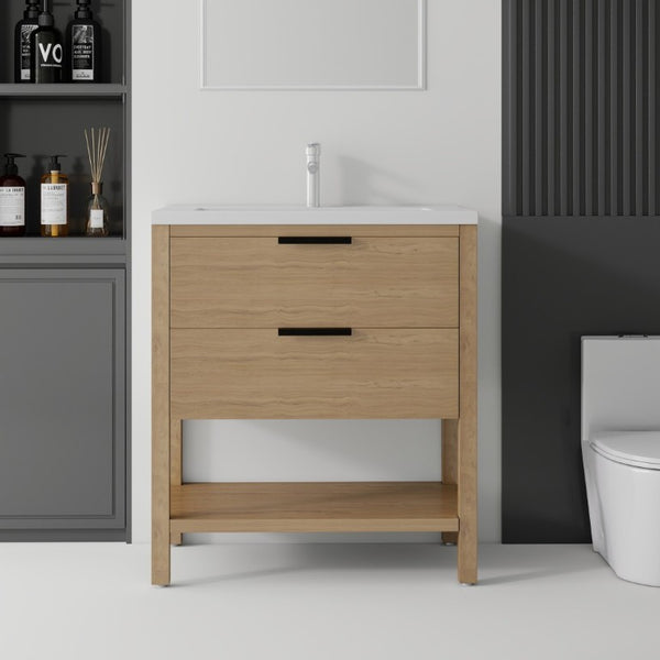 English Elm 36 Inch Freestanding Bathroom Vanity with Ceramic Sink Plywood Cabinet Soft Close Door Oak B2775S00024
