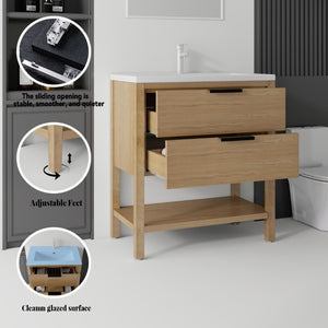 English Elm 36 Inch Freestanding Bathroom Vanity with Ceramic Sink Plywood Cabinet Soft Close Door Oak B2775S00024