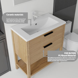 English Elm 36 Inch Freestanding Bathroom Vanity with Ceramic Sink Plywood Cabinet Soft Close Door Oak B2775S00024