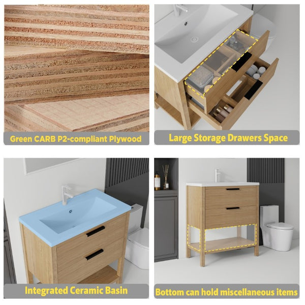 English Elm 36 Inch Freestanding Bathroom Vanity with Ceramic Sink Plywood Cabinet Soft Close Door Oak B2775S00024
