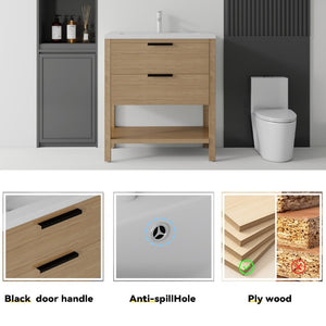 English Elm 36 Inch Freestanding Bathroom Vanity with Ceramic Sink Plywood Cabinet Soft Close Door Oak B2775S00024