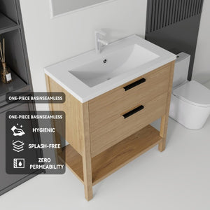 English Elm 36 Inch Freestanding Bathroom Vanity with Ceramic Sink Plywood Cabinet Soft Close Door Oak B2775S00024