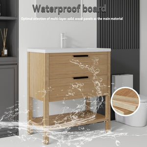 English Elm 36 Inch Freestanding Bathroom Vanity with Ceramic Sink Plywood Cabinet Soft Close Door Oak B2775S00024