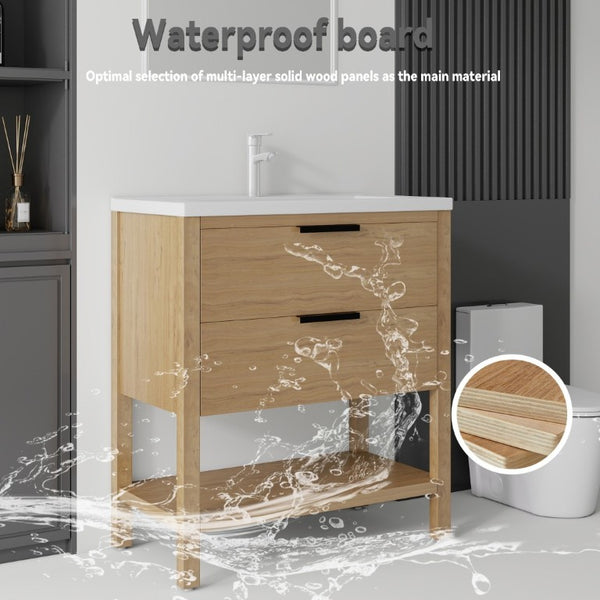 English Elm 36 Inch Freestanding Bathroom Vanity with Ceramic Sink Plywood Cabinet Soft Close Door Oak B2775S00024