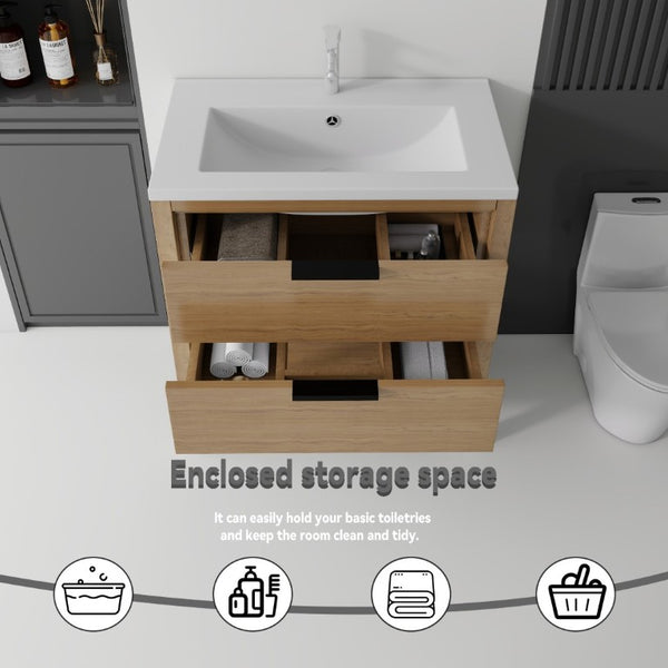 English Elm 36 Inch Freestanding Bathroom Vanity with Ceramic Sink Plywood Cabinet Soft Close Door Oak B2775S00024
