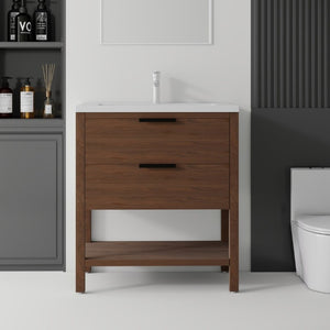 English Elm 36 Inch Freestanding Bathroom Vanity with Ceramic Sink Plywood Cabinet Soft Close Door Brown B2775S00025