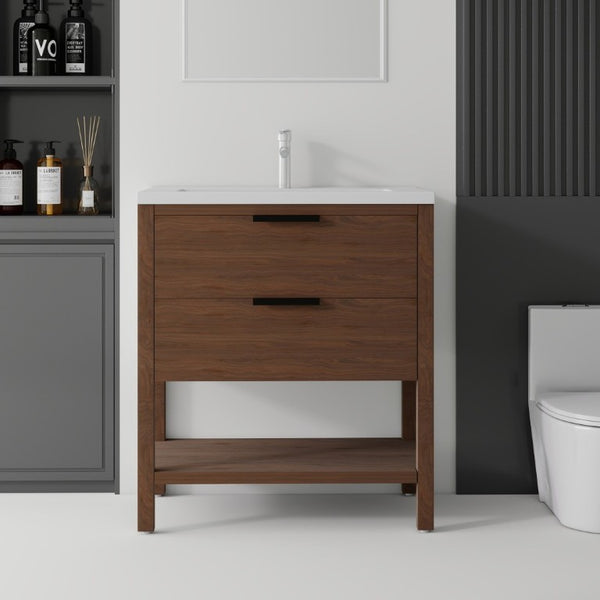 English Elm 36 Inch Freestanding Bathroom Vanity with Ceramic Sink Plywood Cabinet Soft Close Door Brown B2775S00025