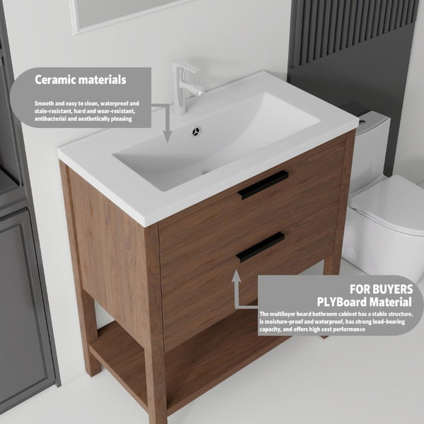 English Elm 36 Inch Freestanding Bathroom Vanity with Ceramic Sink Plywood Cabinet Soft Close Door Brown B2775S00025
