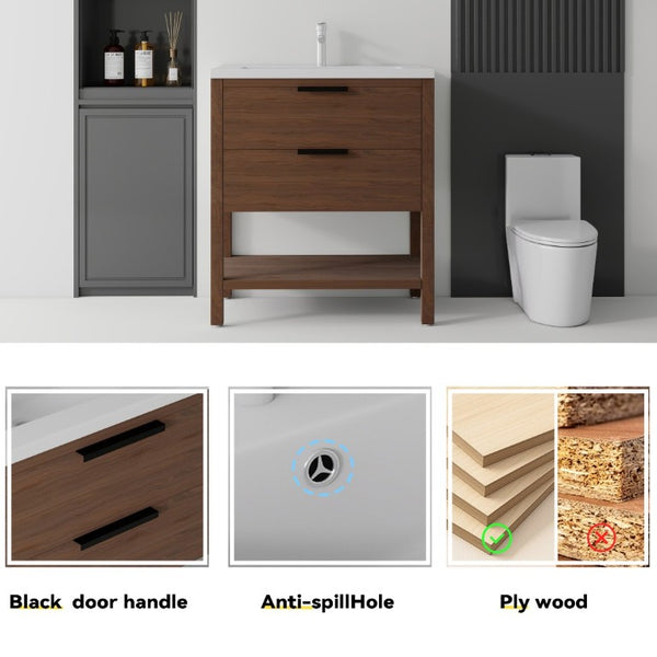 English Elm 36 Inch Freestanding Bathroom Vanity with Ceramic Sink Plywood Cabinet Soft Close Door Brown B2775S00025