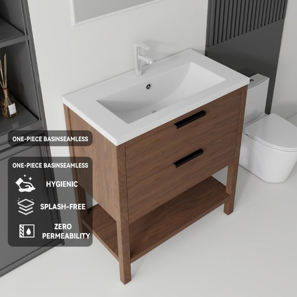 English Elm 36 Inch Freestanding Bathroom Vanity with Ceramic Sink Plywood Cabinet Soft Close Door Brown B2775S00025