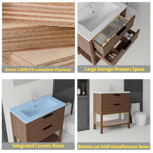 English Elm 36 Inch Freestanding Bathroom Vanity with Ceramic Sink Plywood Cabinet Soft Close Door Brown B2775S00025