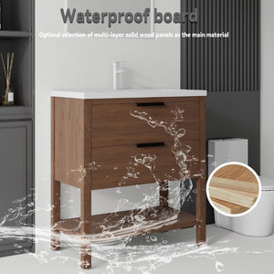 English Elm 36 Inch Freestanding Bathroom Vanity with Ceramic Sink Plywood Cabinet Soft Close Door Brown B2775S00025