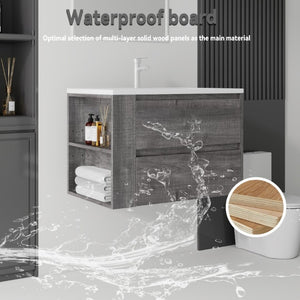 English Elm 30 Inch Wall Mounted Bathroom Vanity with Ceramic Sink Plywood Cabinet Soft Close Drawer Grey B2775S00028