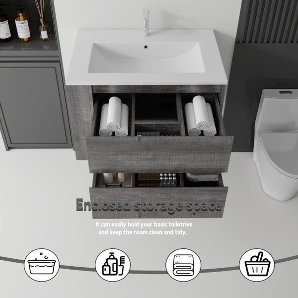 English Elm 30 Inch Wall Mounted Bathroom Vanity with Ceramic Sink Plywood Cabinet Soft Close Drawer Grey B2775S00028