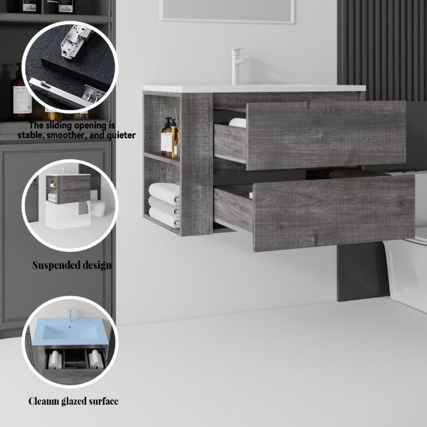 English Elm 30 Inch Wall Mounted Bathroom Vanity with Ceramic Sink Plywood Cabinet Soft Close Drawer Grey B2775S00028