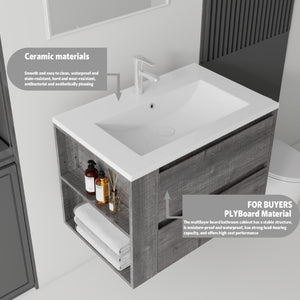 English Elm 30 Inch Wall Mounted Bathroom Vanity with Ceramic Sink Plywood Cabinet Soft Close Drawer Grey B2775S00028