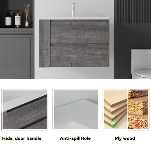 English Elm 30 Inch Wall Mounted Bathroom Vanity with Ceramic Sink Plywood Cabinet Soft Close Drawer Grey B2775S00028