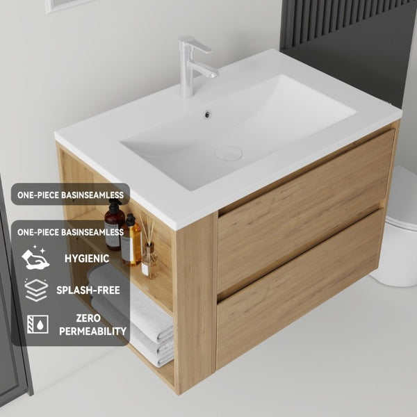 English Elm 30 Inch Wall Mounted Bathroom Vanity with Ceramic Sink Plywood Cabinet Soft Close Drawer Oak B2775S00029