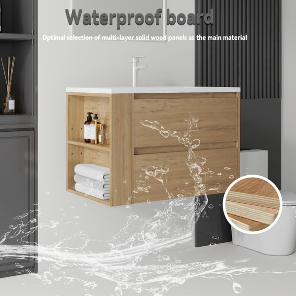 English Elm 30 Inch Wall Mounted Bathroom Vanity with Ceramic Sink Plywood Cabinet Soft Close Drawer Oak B2775S00029